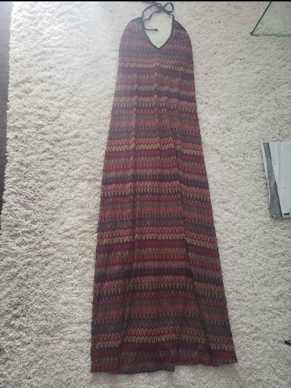 Halter-Neck Burgundy Wave Print Maxi Dress